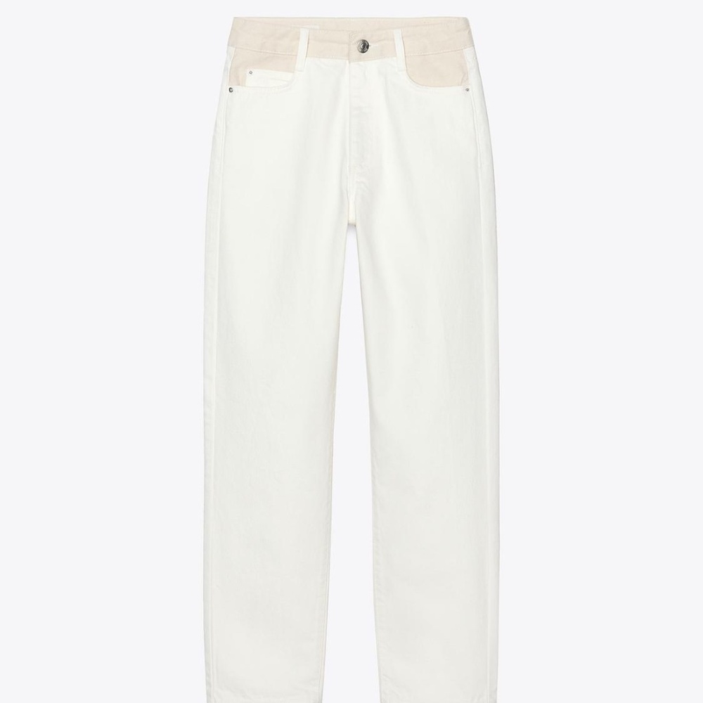 Zara NWT CREAM HIGH-RISE MOM FIT JEANS WITH CONTRAST WAISTBAND